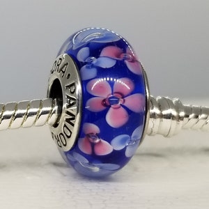 New Authentic Pandora Silver Charm Blue Flower Glass Murano / New / s925 Sterling Silver / Velvet Gift Pouch
