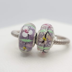 Authentic Pandora Murano Set of 2  Glass Flowers Garden Floral Butterfly Charm / New / s925 Sterling Silver / Velvet Gift Pouch