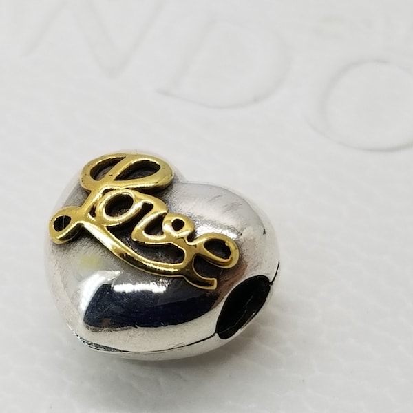 Authentic Pandora  Silver & gold Heart of Love Clip  Charm / New / s925 Sterling Silver / Velvet Gift Pouch