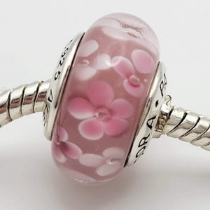 New charm light PINK white flower glass murano / Charm for Pandora bracelet / s925 Sterling Silver / Velvet Gift Pouch