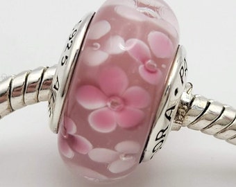 New charm light PINK white flower glass murano Charm for Pandora bracelet s925 Sterling Silver Velvet Gift Pouch