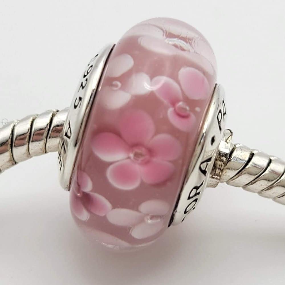 New charm light PINK white flower glass murano / Charm for Pandora bracelet / s925 Sterling Silver / Velvet Gift Pouch