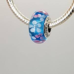 New Silver Charm Blue light Flower Glass Murano / Charm for Pandora bracelet / s925 Sterling Silver / Velvet Gift Pouch