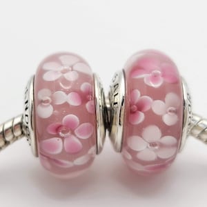 New 2  muranos glass flowers garden floral charm Light PINK / Charm for Pandora bracelet / s925 Sterling Silver / Velvet Gift Pouch