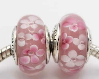 New 2  muranos glass flowers garden floral charm Light PINK / Charm for Pandora bracelet / s925 Sterling Silver / Velvet Gift Pouch