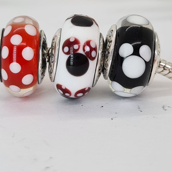 New Authentic Pandora Minnie Mickey Mouse Polka Dots Set of 3 charms  Disney  murano  signature