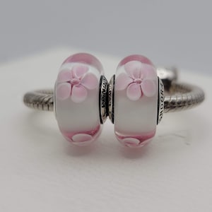 New Authentic Pandora  Set Of 2 Charms  Cherry Blossom Glass Murano