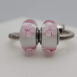 New Set Of 2 Charms  Cherry Blossom Glass Murano Charms for Pandora Moments bracelet / s925 Sterling Silver / Velvet Gift Pouch