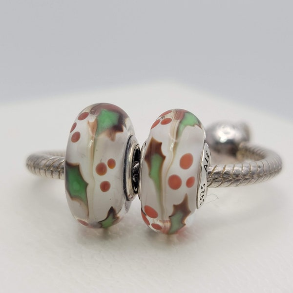 New Authentic Pandora  Set Of 2 Charms Christmas Holly Murano