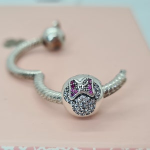 New Minnie Mouse Pave Clips  Charm / Disney Charm for Pandora bracelet / s925 Sterling Silver / Velvet Gift Pouch