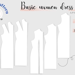 May include: A sewing pattern for a basic dress in black. The pattern includes 6 pattern blocks, 3 models, and 5 silhouettes. The pattern is for size UK-6.