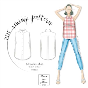 May include: A sewing pattern for a sleeveless shirt with a shirt collar. The pattern includes a front and back view of the shirt. The pattern is labeled "Sleeveless shirt, Shirt collar #02101".
