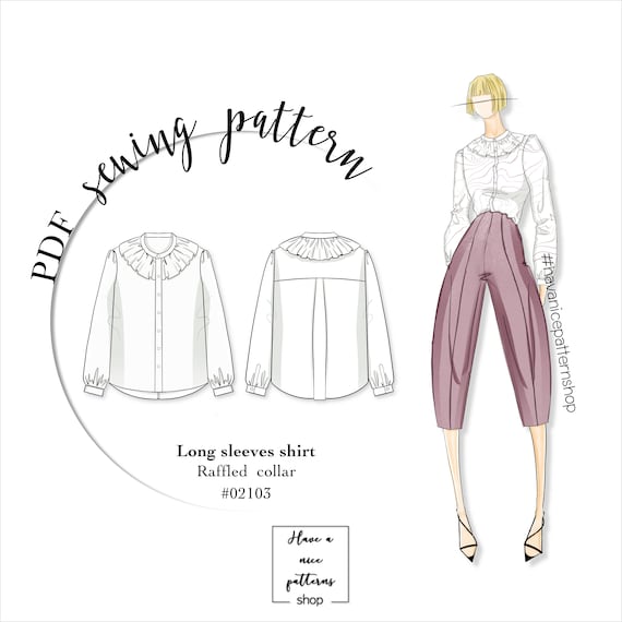 Long Sleeves Raffled Stand Collar Shirt Digital Pattern PDF