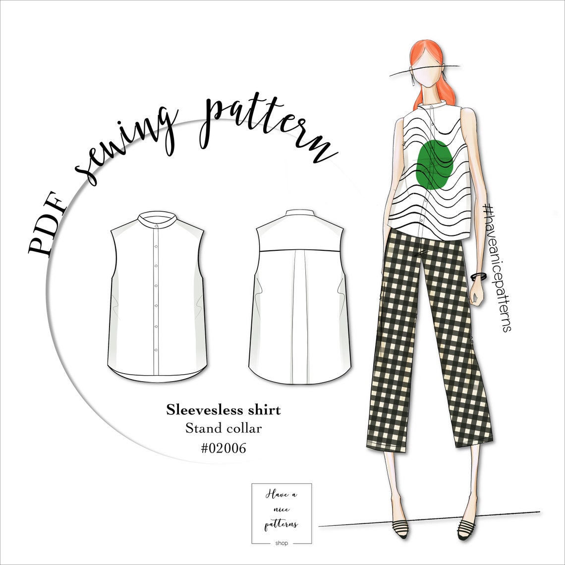 Sleeveless Stand Collar Shirt Digital Pattern PDF Sewing Etsy