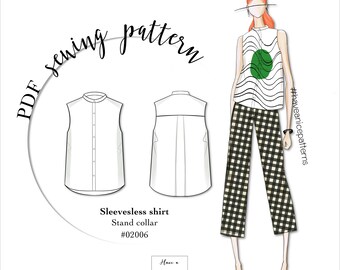 May include: A sewing pattern for a sleeveless shirt with a stand collar. The pattern is illustrated with a white shirt on a white background and a woman wearing a similar shirt with black and white striped pants and a green circle on the shirt. The pattern is labeled "Sleeveless shirt Stand collar #02006" and "#haveanicepatterns".