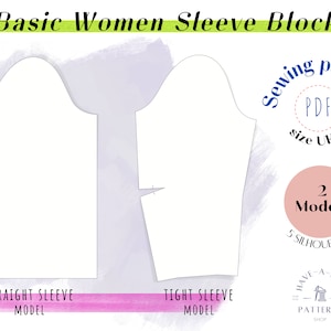 May include: A digital sewing pattern for a basic women's sleeve block. The pattern includes two models: a straight sleeve and a tight sleeve. The pattern is available in UK sizes 6-16. The pattern is available as a PDF download.
