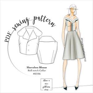 Sleeveless Blouse Roll Notch Collar Digital Pattern PDF Sewing Patterns