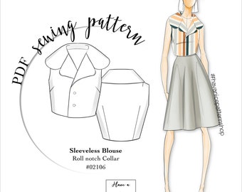 May include: A black and white line drawing of a sleeveless blouse sewing pattern with a roll notch collar. The pattern is labeled "Sleeveless Blouse Roll notch Collar #02106". The image also includes a line drawing of a woman wearing the blouse with a skirt.