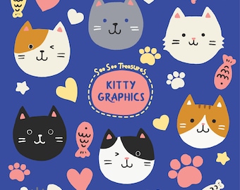 Cute Cat clipart. Commercial use Cat Clipart. Cute Kitty clipart. Cute graphics with Heart, Star, Fish, Paw