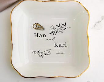 Plato personalizado para anillos de boda, bandeja para joyas con nombre de pareja, regalo familiar, soporte para anillos de aniversario personalizado
