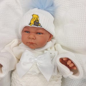 Baby Double Pom Pom Hat, Honey Bear Embroidered Beanie