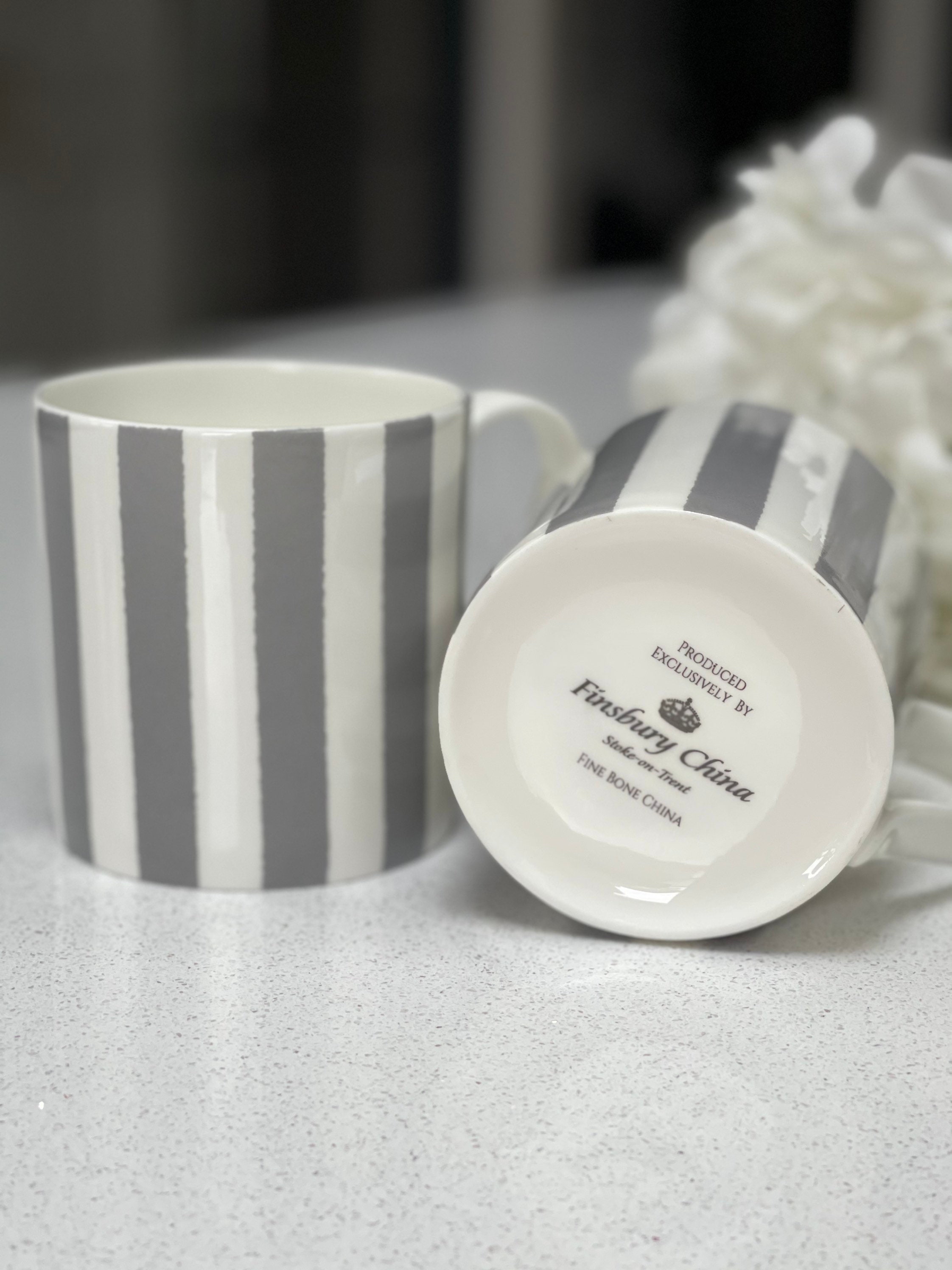 Set of 6 Fine Bone China Vertical Stripe Grey Mugs - Etsy