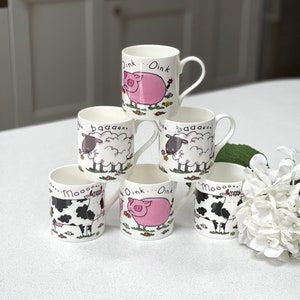 Juego de 6 tazas con dibujos de animales de granja. Decoradas a mano en una taza de porcelana fina de 8 oz