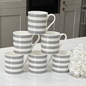 Horizontal Grey Stripe 6 Mug Set - 12oz Fine Bone China Cup