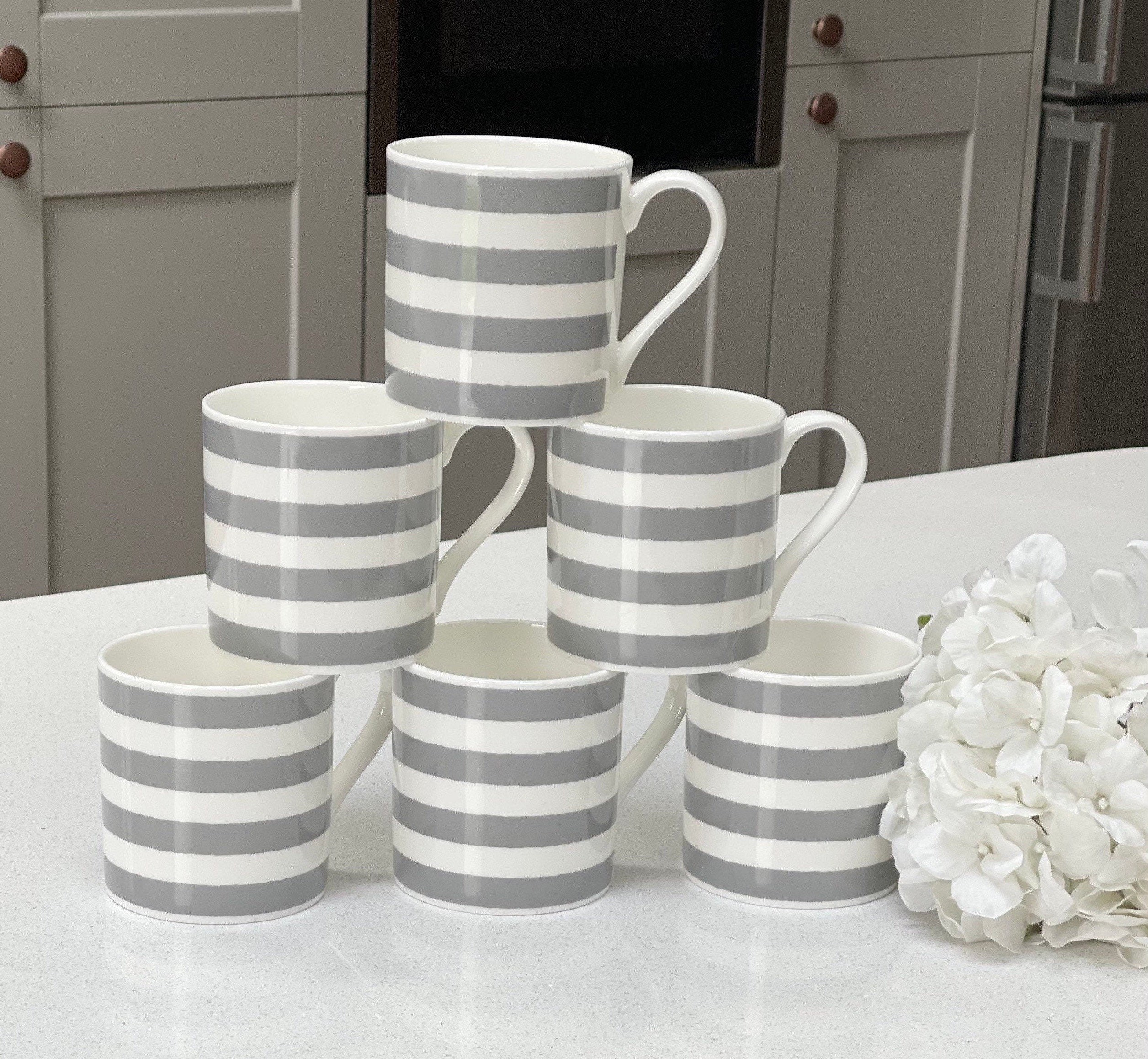 Horizontal Grey Stripe 6 Mug Set - 12oz Fine Bone China Cup