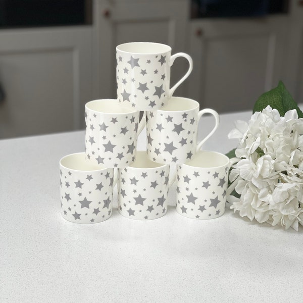 Fine Bone China 12oz 6 Mug Set with a wraparound grey star design