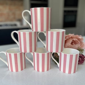 Set of 6 Fine Bone China Pink Vertical Stripe Mug Set