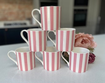 Set of 6 Fine Bone China Pink Vertical Stripe Mug Set
