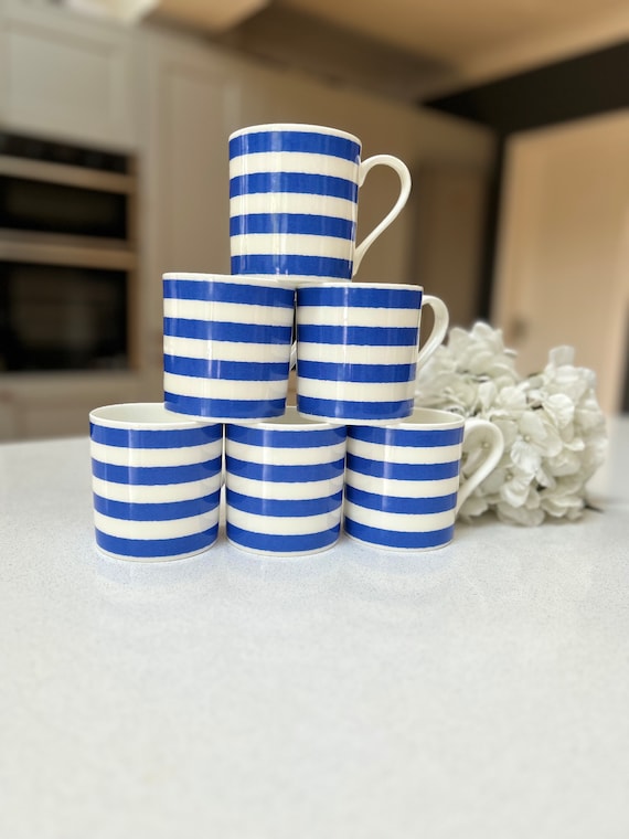 Horizontal Blue Stripe 6 Mug Set 12oz Fine Bone China Cup - Etsy