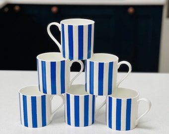 Set of 6 Fine Bone China Vertical Stripe Blue Mugs