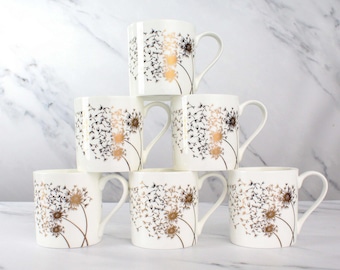 Set mit 6 Fine Bone China Löwenzahn-Wrap around-Design in Gold