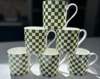 Green Checkerboard 6 Mug Set - 12oz Fine Bone China Cup