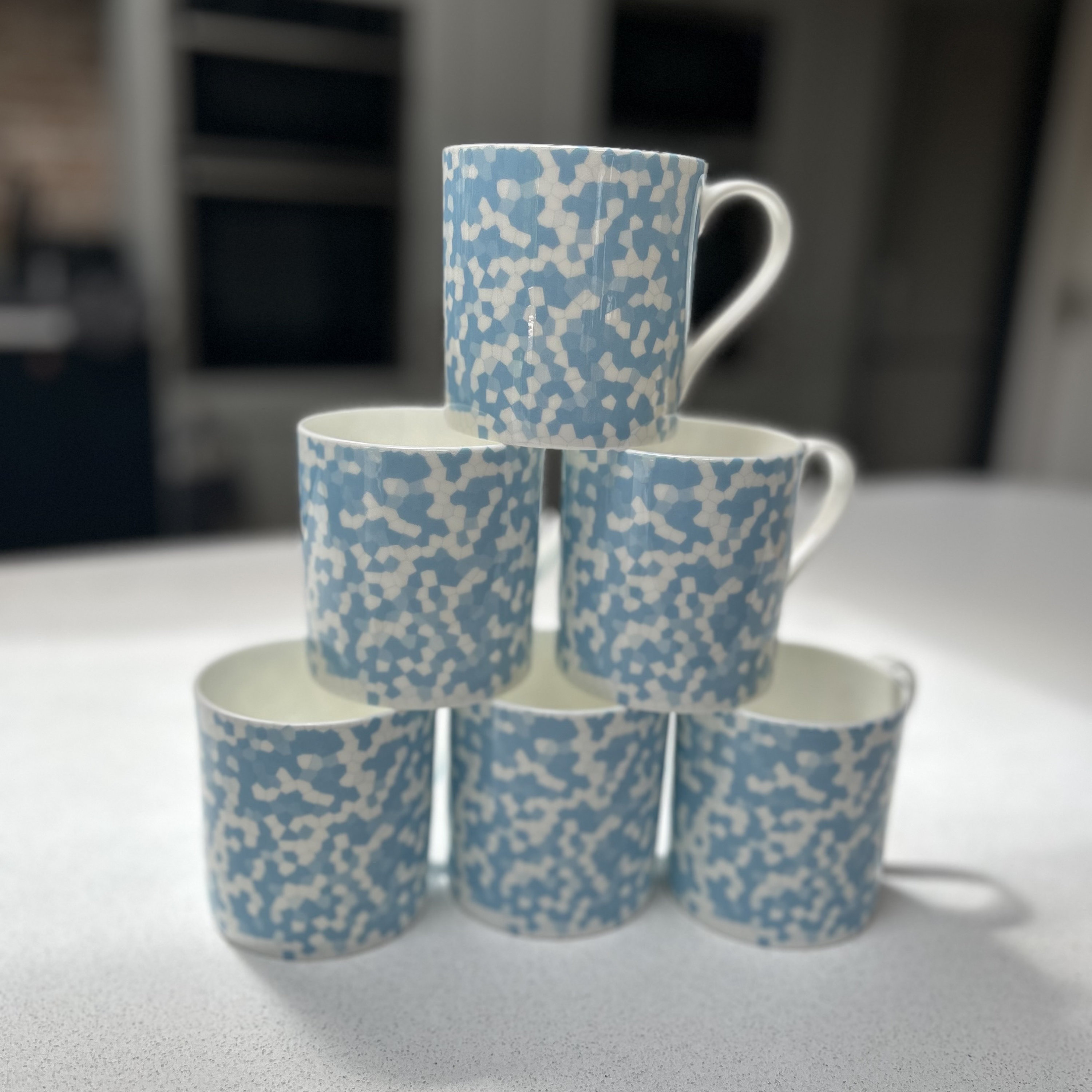 Set of 6 12oz Fine Bone China Mug Set in a Light Blue Honeycomb Design