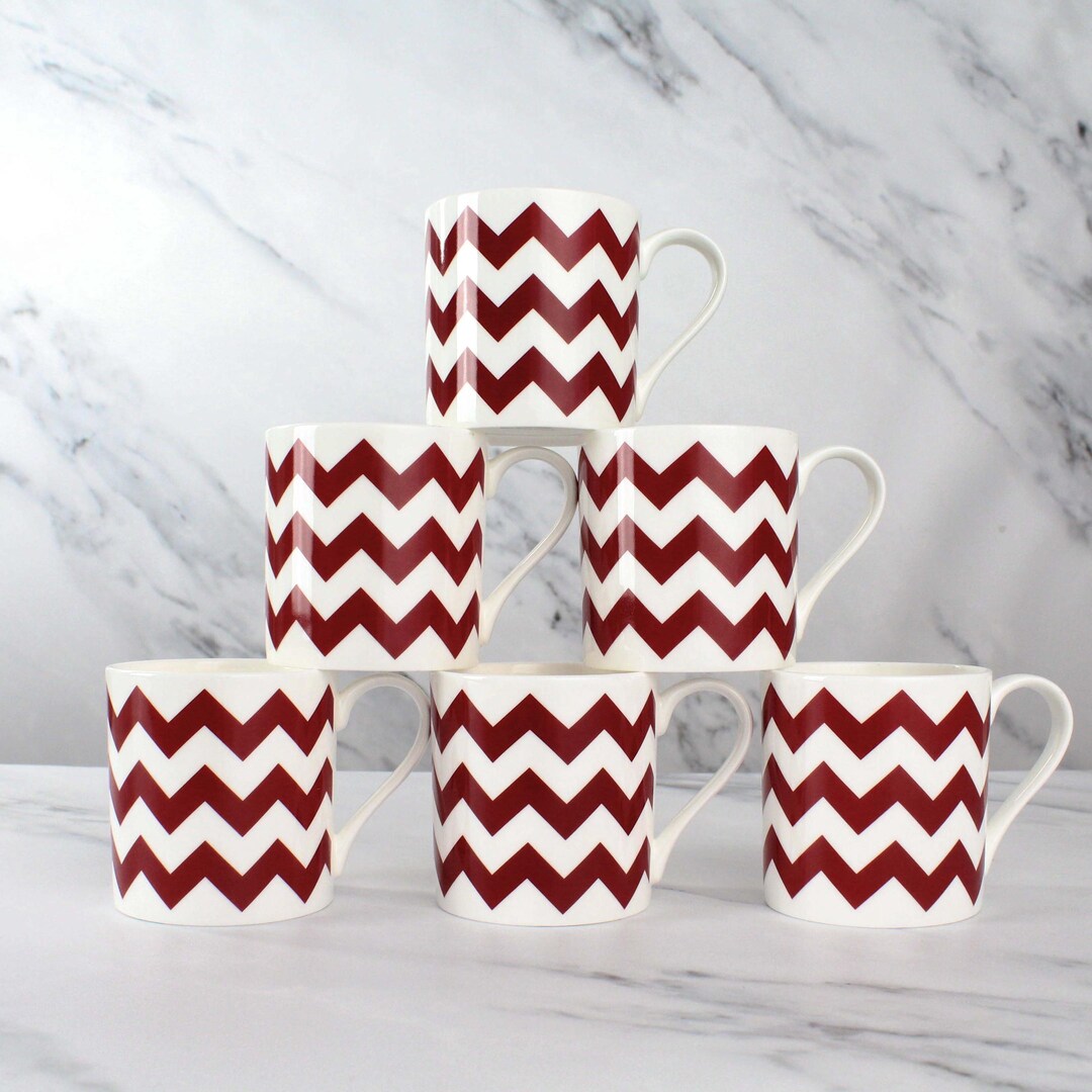 　Bone China Set of 6 Fine Bone China Zigzag Wraparound Design in Burgundy - Etsy