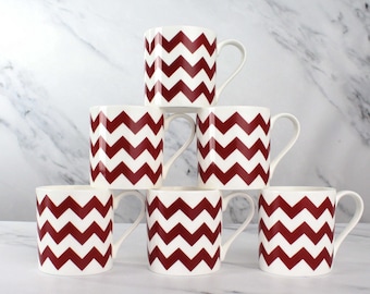 Set of 6 Fine Bone China Zigzag Wraparound Design in Burgundy