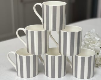 Set of 6 Fine Bone China Vertical Stripe Grey Mugs
