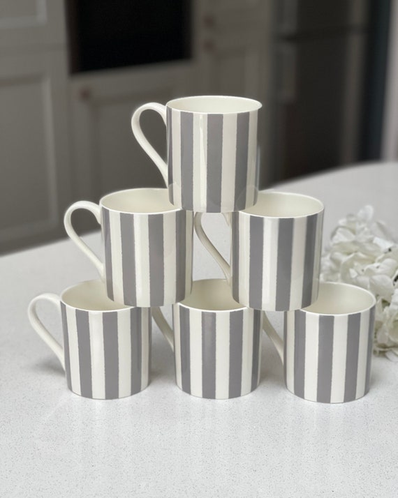 Set of 6 Fine Bone China Vertical Stripe Grey Mugs - Etsy