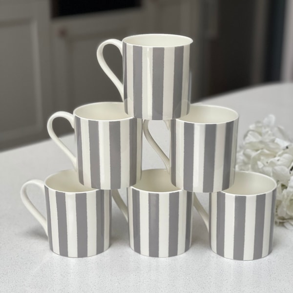 Set of 6 Fine Bone China Vertical Stripe Grey Mugs