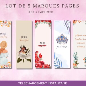 Puede incluir: Conjunto de cinco marcadores imprimibles con diseños florales e ilustrados. Cada marcador presenta un diseño diferente, que incluye ilustraciones de una mujer, flores y una corona, junto con frases inspiradoras en francés.
