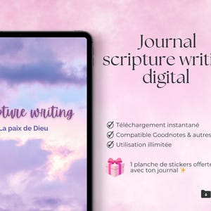 Peut inclure: Journal numérique sur écran de tablette avec le texte "Scripture writing" et "La paix de Dieu" sur fond de ciel nuageux. Le texte "Journal scripture writing digital" est également affiché, ainsi que des fonctionnalités et une boîte cadeau.