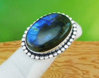 Anello con pietra preziosa labradorite, anello fatto a mano in argento sterling 925 con pietra preziosa labradorite, anelli per donne, misura 10 Z54