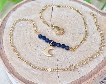 Bracelet / Chevillère Lune et perles acier doré | Bracelet pour l&#39;été | Bracelet fait main | Bijoux cadeaux | Bracelet de cheville lune