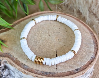 Elastic bracelet / anklet with white shell beads and gold-plated steel | Summer bracelet | Jewelry that won&#39;t rust | Budget jewelry