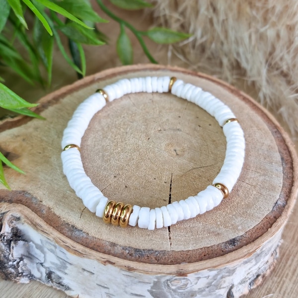 Bracelet / Chevillère élastique perles coquillage blanc en acier doré | Bijoux d'été | Bijoux qui ne rouillent pas | Cadeau fête des mères