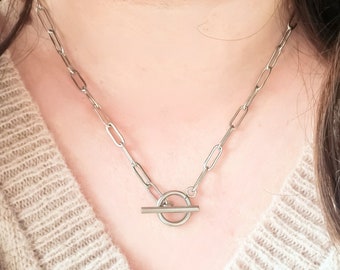 Collier à bascule en acier inoxydable | Idée bijou cadeau | Cadeau fête des mères| Collier maille trombone | Collier simple facile à mettre