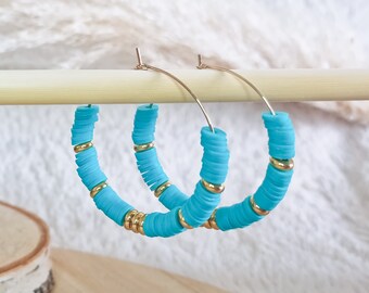 Créoles perles turquoises en argile polymère et acier doré | Boucles d'oreilles d'été | Cadeau bijou fête des mères | Livraison offerte